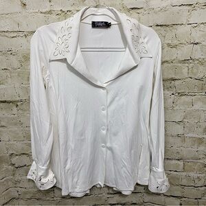 Sympli White Floral Lazer Cut V Neck Button Up Shirt